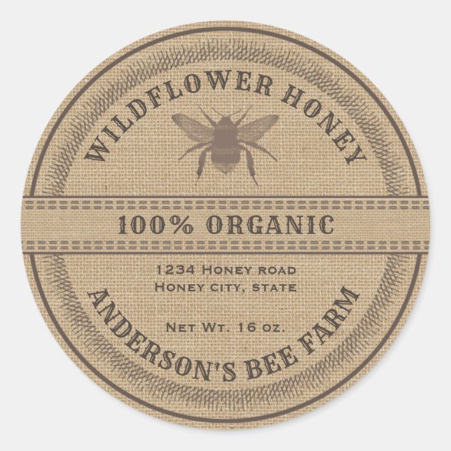 Vintage rustic bee linen honey jar label (Front)