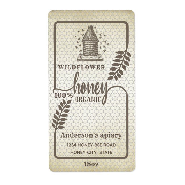 Vintage rustic beehive honey branch jar label (Front)