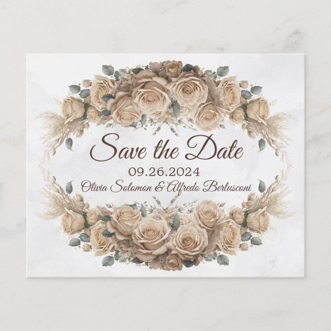 Vintage Rustic Beige Golden Rose Save the Date (Front)