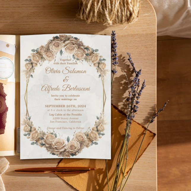 Vintage Rustic Beige Golden Rose Wedding Invitation (Creator Uploaded)