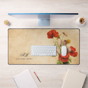 Vintage Rustic Beige Red Poppies Wild Flowers Desk Mat