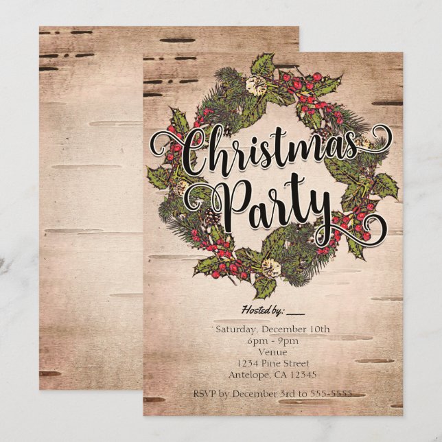 Vintage Rustic Birch Christmas Party Invitations (Front/Back)