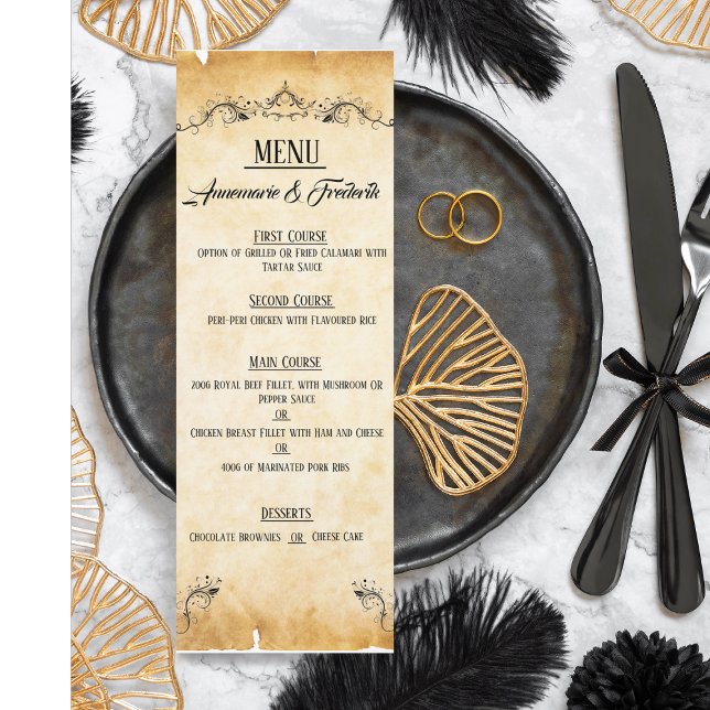 Vintage Rustic Black Flourish Parchment Flat Menu (Creator Uploaded)
