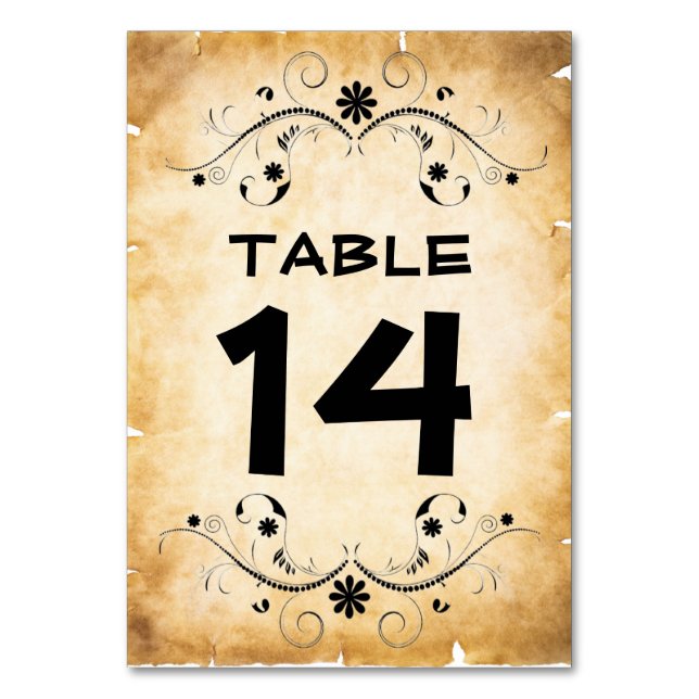 Vintage Rustic Black Flourish Parchment Table Number (Front)