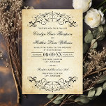 Vintage Rustic Black Flourish Parchment Wedding Invitation<br><div class="desc">Decorative black swirls and flourishes frame this elegant vintage typography wedding invitation design. The rustic ivory background is printed with a textured aged parchment paper appearance.  Personalise the stylish custom text for your wedding ceremony and reception.</div>