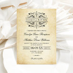 Vintage Rustic Black Flourish Parchment Wedding Invitation<br><div class="desc">Decorative black swirls and flourishes frame this elegant vintage typography wedding invitation design. The rustic ivory background is printed with a textured aged parchment paper appearance. Personalise the stylish custom monogram and text for your wedding ceremony and reception.</div>
