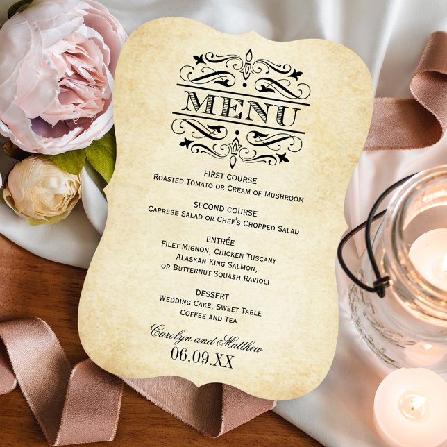 Vintage Rustic Black Flourish Parchment Wedding Menu (Creator Uploaded)