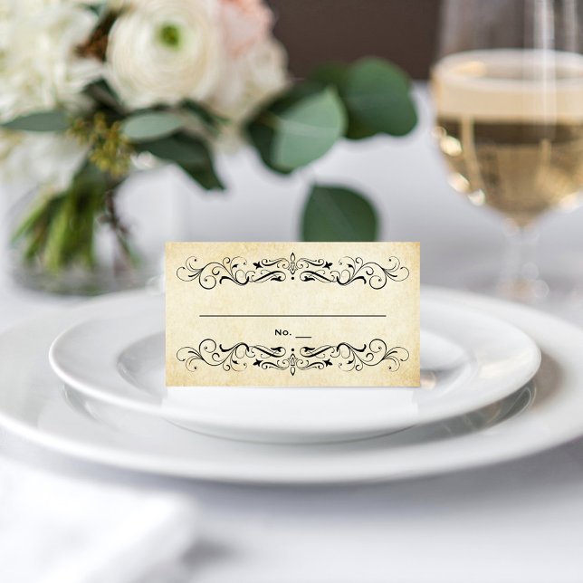 Vintage Rustic Black Flourish Parchment Wedding Place Card (Creator Uploaded)