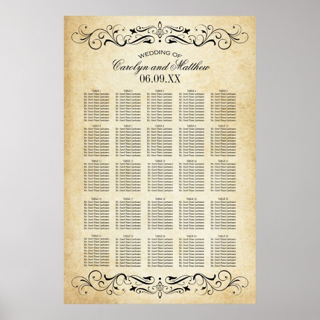 Vintage Rustic Black Flourish Parchment Wedding Poster (Front)