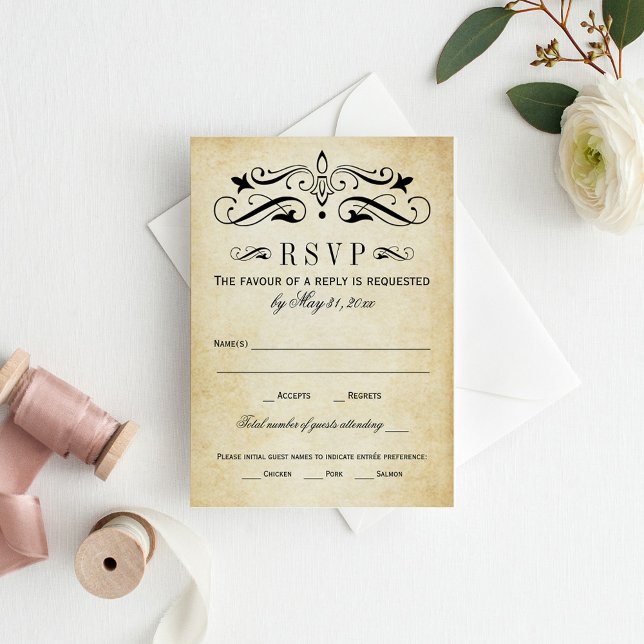 Vintage Rustic Black Flourish Parchment Wedding RSVP Card (Creator Uploaded)