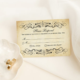 Vintage Rustic Black Flourish Parchment Wedding RSVP Card