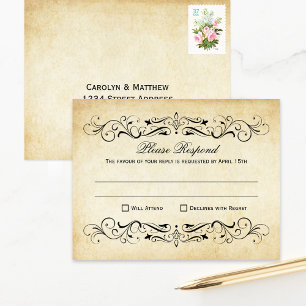 Vintage Rustic Black Flourish Parchment Wedding RSVP Card