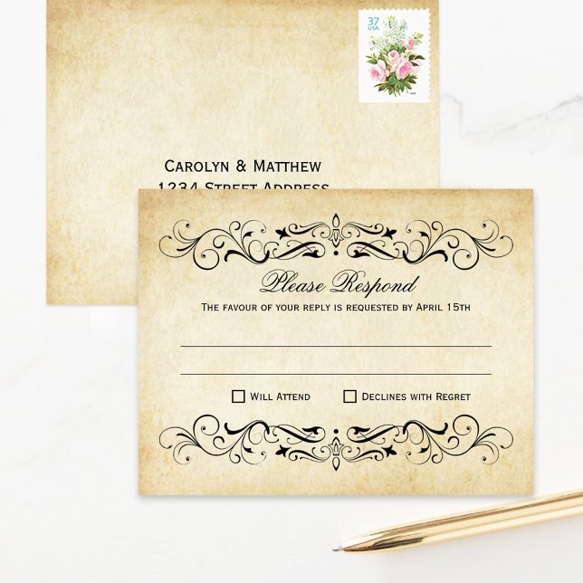 Vintage Rustic Black Flourish Parchment Wedding RSVP Card (Creator Uploaded)
