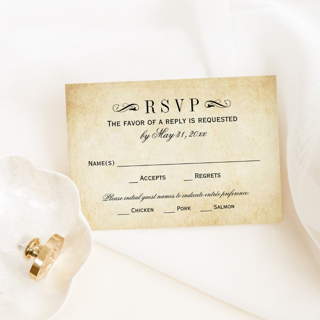 Vintage Rustic Black Flourish Parchment Wedding RSVP Card (Creator Uploaded)