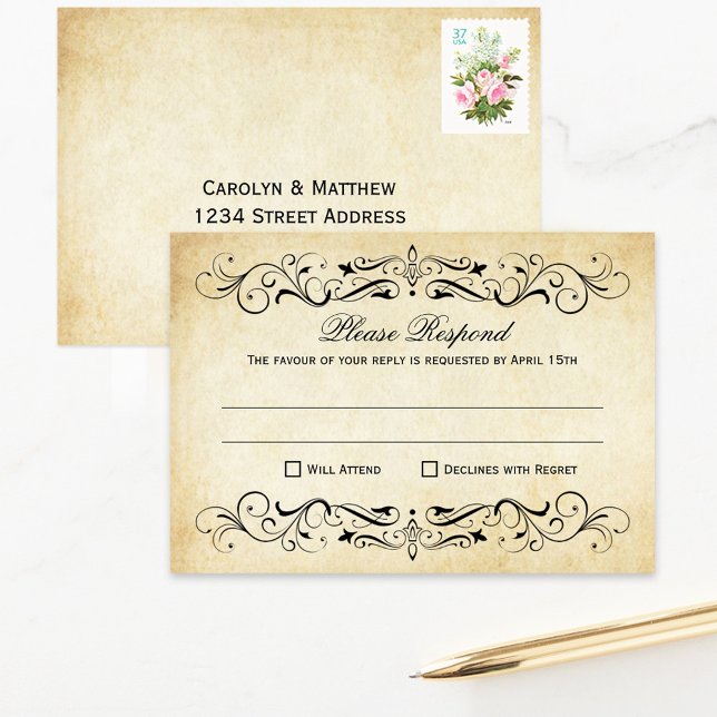 Vintage Rustic Black Flourish Parchment Wedding RSVP Card (Creator Uploaded)