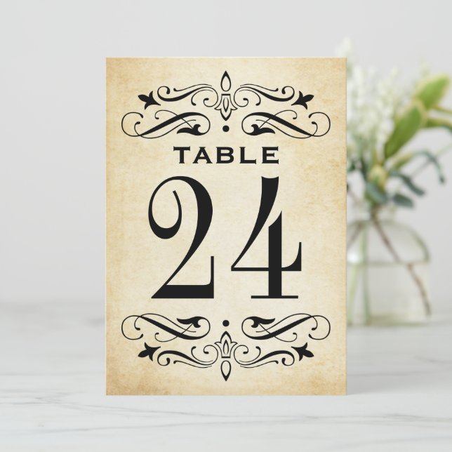 Vintage Rustic Black Flourish Wedding Table Number (Standing Front)