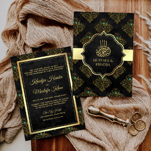 Vintage Rustic Black Gold Damask Muslim Wedding Invitation