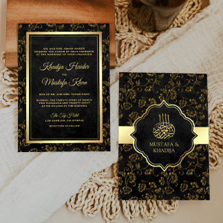 Vintage Rustic Black Gold Filigree Muslim Wedding Invitation