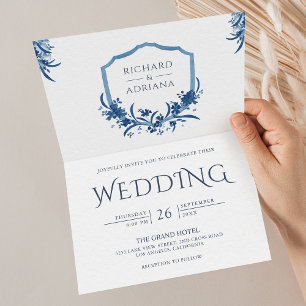 Vintage Rustic Blue Floral Crest QR Code Wedding Invitation