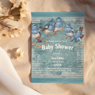 Vintage rustic blue white bird striped Baby Shower Invitation