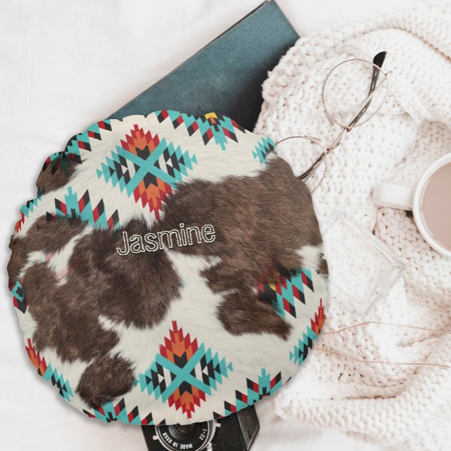 Vintage Rustic Boho Western Cowhide Cowgirl Round Cushion (Creator Uploaded)