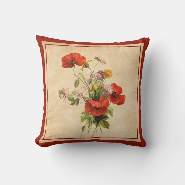 Vintage Rustic Bouquet Red Poppies Wild Flowers Cushion (Front)