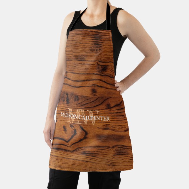 Vintage rustic brown burnt wood Monogram Apron (Insitu)