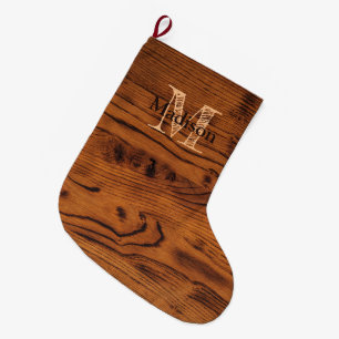 Vintage rustic brown burnt wood Monogram Large Christmas Stocking