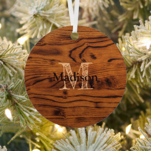 Vintage rustic brown burnt wood Monogram Metal Tree Decoration