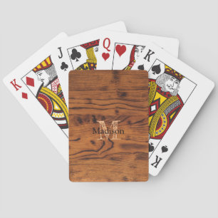 Vintage rustic brown burnt wood Monogram Playing Cards
