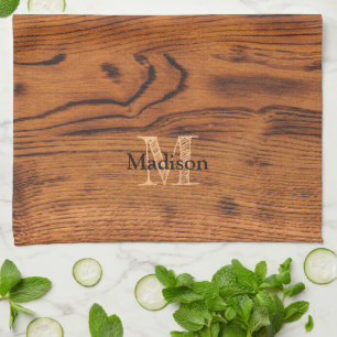 Vintage rustic brown burnt wood Monogram Tea Towel