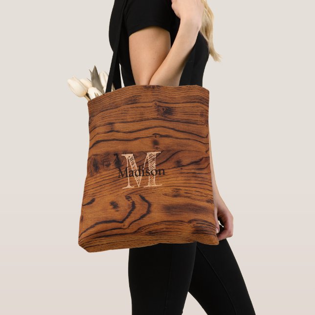 Vintage rustic brown burnt wood Monogram Tote Bag (Close Up)