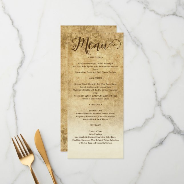 Vintage rustic brown wedding Bride Groom Menu (Front/Back In Situ)