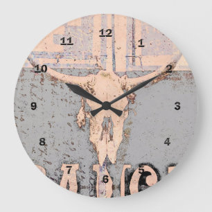 Vintage Rustic Bull Skull Gray Beige Western Large Clock