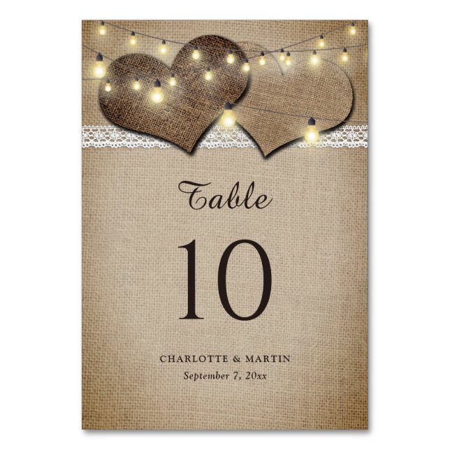 Vintage Rustic Burlap and Lace Table Number Cards (Front)