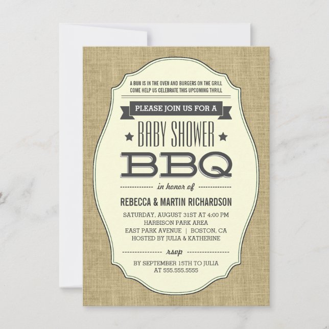 Vintage Rustic Burlap BBQ Baby Shower Invitations (Front)