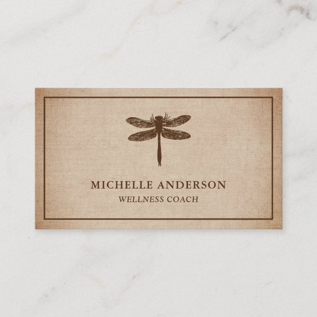 Vintage Rustic Burlap Dragonfly Business Card (Front)