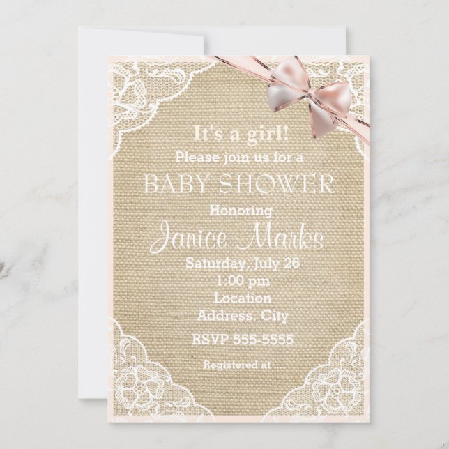 Vintage Rustic Burlap Lace Baby Shower Invitation (Front)