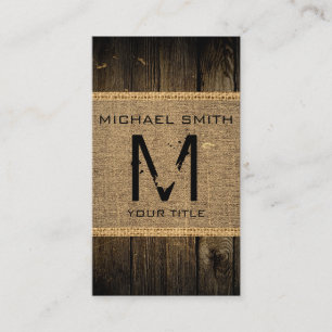 Vintage Rustic Burlap Wood Look Monogram #2 Business Card