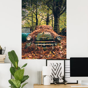 Vintage Rustic Car in Autumn Leaves Poster