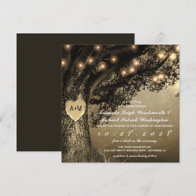 Vintage Rustic Carved Oak Tree Wedding Invitations (Front/Back)