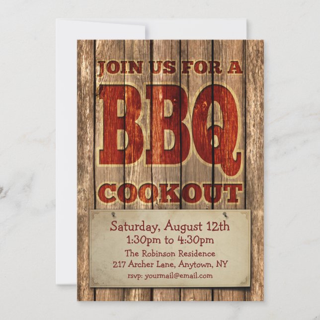 Vintage Rustic Carved Wood design BBQ Invitation (Front)