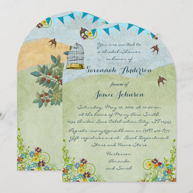 Vintage Rustic Chic Bridal Shower Birdcage Bunting Invitation (Front/Back)