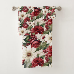 Vintage Rustic Christmas Flowers leaves Pattern  Bath Towel Set
