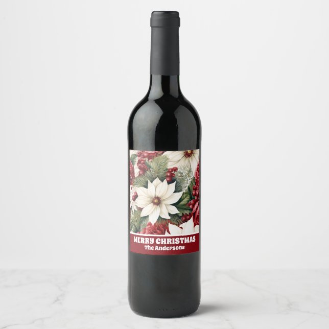 Vintage Rustic Christmas Flowers leaves Pattern  Wine Label (Front)