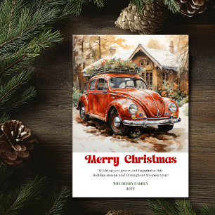 Vintage rustic Christmas scene red car artwork Holiday Card