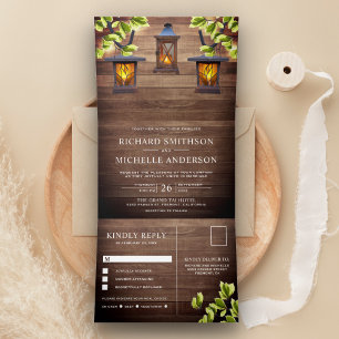 Vintage Rustic Country Barn Wood Lanterns Wedding Tri-Fold Invitation