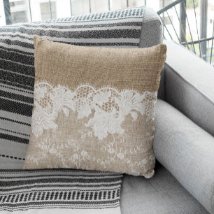Vintage rustic country beige burlap and white lace cushion