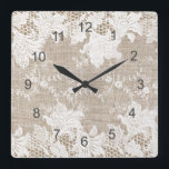 Vintage rustic country beige burlap and white lace square wall clock<br><div class="desc">Rustic vintage traditional country farmhouse style wall clock on beige faux burlap featuring a beautiful white transparent lace with a floral pattern.</div>
