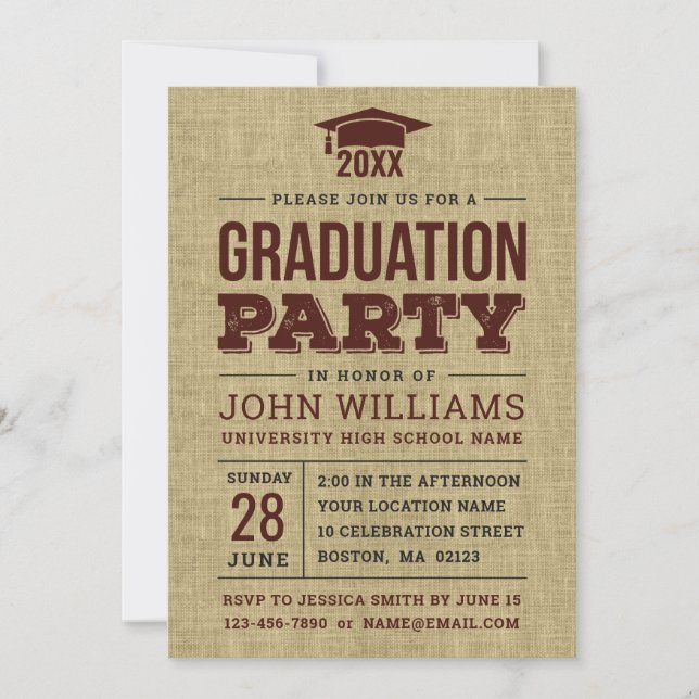 Vintage Rustic Country Burlap Graduation Party Invitation (Front)